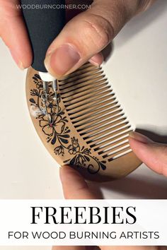 a persons hand holding a wood burning tool and burning onto a wooden comb. The comb has wood burned flowers and foliage via pyrography. Pyrography Tips, Beginner Wood Burning, Wood Burning Tips, Pyrography Designs, Wooden Crafts Diy, Wood Burning Patterns Stencil, Wood Burning Stencils, Wood Burning Techniques, Pyrography Patterns