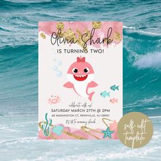 a pink and white shark birthday party card with the words, ocean shark is turning two