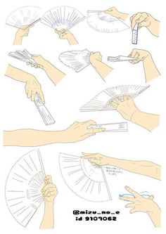 the hands are holding different types of paper fans