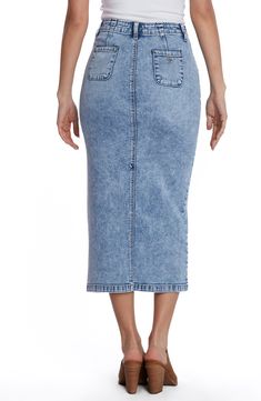 An embroidered back pocket and timeless wash authenticate this wear-everywhere skirt cut from stretch-kissed premium denim. 32" length (size 29) Zip fly with button closure Front scoop pockets; back patch pockets Unlined 95% cotton, 4% polyester, 1% spandex Machine wash, tumble dry Imported Denim Midi Skirt, Blue Agate, Premium Denim, Midi Skirt, Agate, Top Brands, Lab, Nordstrom, Spandex