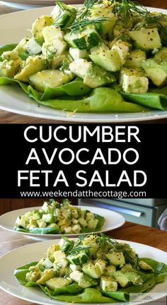 cucumber and avocado feta salad on white plates