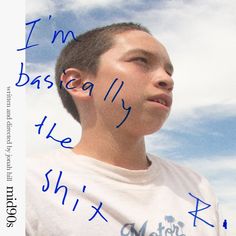 a young man is looking up at the sky with words written all over his face