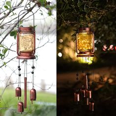 there are two pictures one has a mason jar and the other is a wind chime