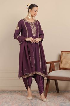 Purple straight  kurta with dori, cutdana and sequins embroidery in ethnic floral motifs. Paired with gota lace border dhoti pant and scallop border dupatta. - Aza Fashions Traditional Chanderi Wear With Dabka Embroidery, Dabka Embellished Chinon Kurta With Traditional Drape, Purple Chinon Salwar Kameez With Traditional Drape, Traditional Drape Salwar Kameez For Navratri, Traditional Salwar Kameez For Navratri, Semi-stitched Churidar With Dabka In Traditional Drape, Traditional Churidar With Zari Work, Traditional Purple Unstitched Suit With Drape, Traditional Drape Dola Silk Wear With Dabka Details