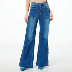 DG2 by Diane Gilman New Classic Stretch Denim Side Snap Wide-Leg Jean We are loving the retro vibe of these wide-leg, utility-style jeans from Diane Gilman with non-functional decorative side snap button detail. With an effortless pull-on design and classic good looks, you'll wear them on repeat all season long. Utility Style, Side Snap, Style Jeans, Denim Design, On Repeat, New Classic, Retro Vibe, Button Detail, Jeans Style