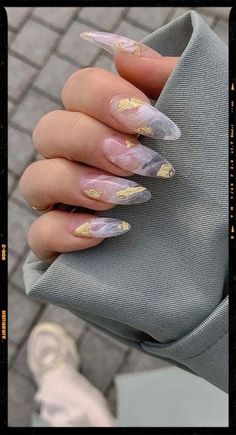 Translucent Milky Marble Nails with Gold Foil Gel X Nails Marble, Clear Nail Designs Short Almond, Almond Nails Designs Asian, Transparent Marble Nails, Almond Nails Marble Design, Marble Milky Nails, Water Marble Nails Designs, Almond Nails Designs Marble, Nail Art With Gold Foil