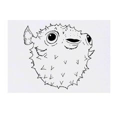 a black and white drawing of a puffer fish with big eyes on it's face