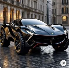 a black sports car parked in front of a tall building on a cobblestone street