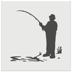 a man fishing on the water with a rod in his hand, silhouetted against a gray background