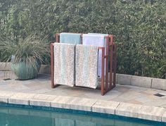 two towels are hanging on a towel rack next to a swimming pool with plants in the background