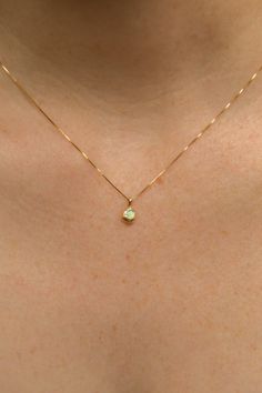 Solid 14k gold settings and dainty box chain. Ethically sourced, genuine 3mm Australian opal. Every stone is unique, varying in shades from blue green to pinky purple. Total width of pendant is approx. 6mm. Hand-formed and cast with recycled yellow gold, giving each one its own unique look and feel. This dainty design comes on a .5mm solid 14k gold box chain. Made with longevity in mind, this piece of fine jewelry will be with you for years to come. Ethically made in Los Angeles. This design is Simple Stone Jewelry, Fine Chain Necklace, Dainty Gold Chain With Pendant, Dainty Gold Pendant, Gold Fine Necklace, Pendant Necklace Aesthetic, Simple Gold Pendant, Simple Gold Necklace Designs, Chain Designs Gold