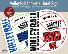 two stickers with the words volleyball locker / hotel sign