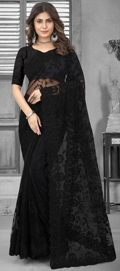 Black and Grey color Saree in Net fabric with Embroidered, Moti, Resham, Stone, Thread work Black Traditional Wear For Wedding And Diwali, Traditional Black Wear For Wedding And Diwali, Black Embroidered Anarkali Saree, Elegant Black Embroidered Saree Fabric, Black Festive Saree For Wedding, Festive Black Saree For Wedding, Festive Black Wedding Saree, Black Anarkali Fabric With Zari Embroidery, Black Anarkali Embroidered Fabric With Zari Work