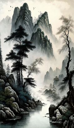 Chinese Landscape Art, Japanese Ink Painting, Japanese Forest, Forest Drawing, Landscape Tattoo, Chinese Landscape Painting, River Painting, 2160x3840 Wallpaper, Bamboo Art