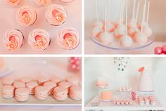 pink and white desserts, cupcakes and cake pops are arranged on the table