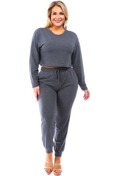 The Ultimate in Comfy and Cozy. This two piece Jogger Set goes by the name of Dominique. Let her get you in the mood for relaxing in style. Pair her with a jean jacket, faux leather jacket or a kimono and she is also ready for stepping out into the streets and making her presence known! Currently available in Sizes 1X - 3X. CGM Model is wearing a 1X. Trendy Plus Size Fashion, Cropped Joggers, Faux Leather Jacket, Jogger Set, Fall Collection, Beauty Bar, Lounge Set, Charcoal Color, Faux Leather Jackets