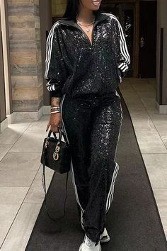 Black Casual Solid Sequins Patchwork Zipper Turndown Collar Long Sleeve Two Pieces Long Sleeve Sequin Top, Plus Size Two Piece, Female Style, Traje Casual, Sequin Jacket, Top And Pants Set, Long Sleeve Tops Casual, Striped Jacket, Tracksuit Set