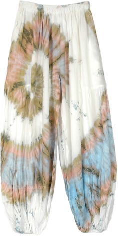 The white base of the pants is the perfect canvas for the swirling brown, pink and blue shades, creating a stunning tie dye effect that is sure to turn heads this Spring and Summer. The harem style provides ample room for movement, while the elastic waistband ensures a comfortable and secure fit. #tlb #SplitSkirtsPants #vacationclothing #beachwrap #TieDye #bohemianfashion #hippieharempants White Hippie Bottoms For Summer, White Hippie Pants For Summer, Bohemian Tie-dye Bottoms For Spring, Bohemian Tie Dye Bottoms For Spring, Bohemian Tie Dye Pants For Spring, Tie Dye Sweatpants Outfit, Tie Dye Pants Outfit, Genie Pants, Tie Dye Pants