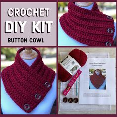 the crochet scarf kit includes buttons, yarn and other items to make it