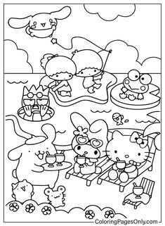 hello kitty coloring pages for kids to print out and color with the characters in it