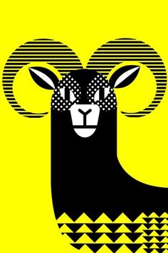 a black and yellow sheep with geometric patterns on it's head, against a yellow background