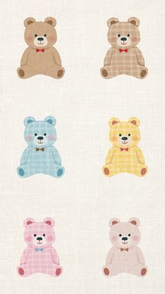 four teddy bears in different colors on a white background