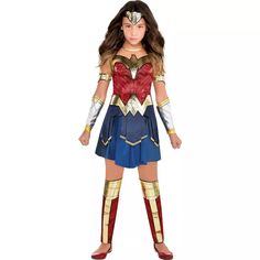 Kids' Wonder Woman Deluxe Costume - WW 1984 Red Leg Warmers, Blue Dress Costume, Halloween Halloween Costumes, Female Heroines, Red And Blue Dress, Dc Comic Costumes, Woman Costume, Headband Gold, Wonder Woman Logo