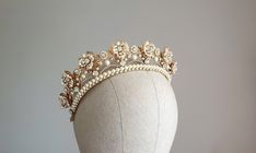 Bridal flower tiara with pearls and crystals, wedding kokoshnik ~MATERIALS~ -Czech glass crystals (color White clear) -Austrian white pearl beads -Gold tone filigree ~SIZE~ Height  1 1/2 inch (4,5 cm) ~SHIPPING AND DELIVERY TIME~ This headpiece is ready to ship by 5-7 days The approximate time of shipment: - 10-16 days to Europe - 15-35 days to United States and other countries. ~IMPORTANT INFORMATION~ -Please allow as much time for shipping as possible before your important date ! I can't guara Wedding Crown Gold, Wedding Kokoshnik, Wedding Crown Pearl, Regal Gold Wedding Headpiece, Flower Tiara Wedding, Gold Crown With Pearls, Gold Kokoshnik Tiara, Gold Pearl Tiara, Gold Flower Crown