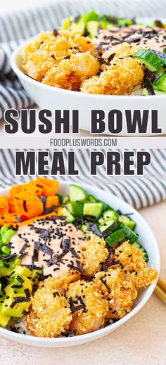 two bowls filled with sushi bowl meal prepped and ready to be eaten for lunch