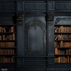 an old library with bookshelves full of books and a mirror on the wall