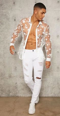 Mens Catsuit, Lace Shirt Outfit, Floral Shirt Outfit, Fashion Collection Inspiration, Mens Fashion Suits Casual, Color Combos Outfit, Pants Outfit Men, Mens Fashion Edgy, Festival Costumes