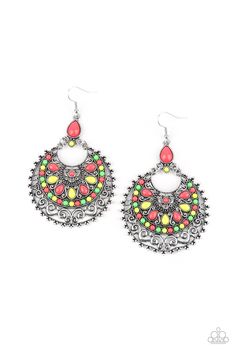 A dainty collection of round and teardrop neon pink, neon green, and Green Sheen beads embellish the front of a decoratively studded and filigree filled silver frame for a flamboyant splash of color. Earring attaches to a standard fishhook fitting. Sold as one pair of earrings. Paparazzi Accessories Jewelry, Filigree Hoop Earrings, Pink Jewels, Colorful Frames, Pink Neon, Yellow Earrings, Paparazzi Accessories, White Rhinestone, Green Earrings