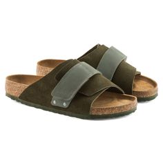 Kyoto Nubuck Leather/Suede Suede Slides With Round Toe And Suede Lining, Comfortable Suede Slip-on Slides, Comfortable Suede Sandals With Buckle Closure, Suede Slide Sandals With Buckle Closure, Comfortable Adjustable Leather Slides, Suede Slip-on Slides With Suede Lining, Brown Leather Footbed Sandals With Suede Lining, Adjustable Comfortable Leather Slides, Brown Suede Slides With Buckle Closure