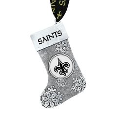 an ornament hanging from the side of a christmas stocking with new orleans saints on it