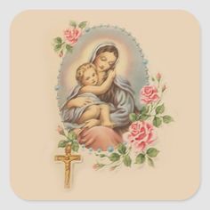 an image of the virgin mary holding a child in her arms with roses around it