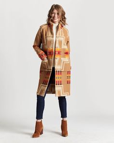 A Vintage Women's Coat Style From Our Archives, Re-Imagined For Today In An Updated Fit. Made In The USA Of Our Warm, Blanket-Weight Harding Jacquard Fabric, With Impeccable Pattern Matching Across Every Seam. Button Placket, Patch Front Pockets And Button-Tab Details At Cuffs. Unlined Interior With Taped Seams Allows The Beauty Of The Fabric To Show Through. Pure Virgin Wool/cotton Fabric Woven In Our American Mills Dry Clean Made In USA | WOMEN'S HARDING ARCHIVE BLANKET COAT Outdoor Coats, Pendleton Woolen Mills, Blanket Coat, Pattern Matching, Fall Coat, Jacquard Fabric, Coat Fashion, Women's Coat, Casual Fits