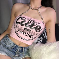 Cute & Psycho Printed Metal Halter Crop Top Tank Basic Crop Tops, Casual Tanks, Tumblr Outfits, Cute Crop Tops, Style Punk, Sport Dress, Cropped Tops, Halter Crop Top, Strapless Tops