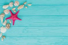 starfish and seashells on blue wood background