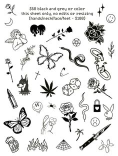 a black and white drawing of various tattoos