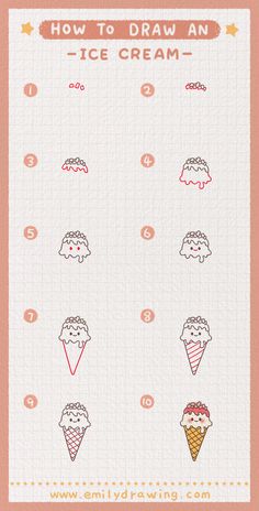 how to draw an ice cream cone with numbers and instructions on the side, including one for