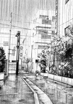 a black and white drawing of a city street in the rain with trees, benches and buildings