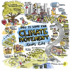 the climate movement is depicted in this hand - drawn illustration, with words on it