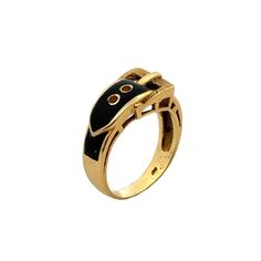 Black enamel vintage buckle band ring handcrafted in 18 karat yellow gold. The ring features a buckle band design, reminiscent of classic belt buckles. This design adds a touch of elegance and sophistication to the piece. The buckle motif symbolizes strength, security, and unity. The ring is size 4 ( can be sized or worn as a pinky ring). Weight: 4.5 grams. Classic Belt, Band Design, Pinky Ring, Black Enamel, Band Ring, Belt Buckles, Vintage Black, Band Rings, Ring Size