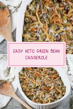 A tantalizing Easy Keto Green Bean Casserole ready for the table, showcasing vibrant green beans cloaked in a rich keto cream of mushroom sauce, perfect for holiday meals. The pin features two images highlighting the delicious casserole. Keto Thanksgiving Dinner, Keto Green Bean Casserole, Sugar Free Mom, Keto Thanksgiving Recipes, Low Carb Thanksgiving, Keto Green, Green Beans Side Dish, Keto Side Dish, Keto Holiday Recipes