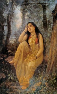 a painting of a woman sitting in the woods