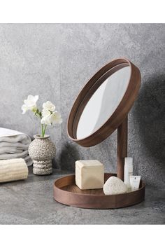 Walnut Magnifying Vanity Mirror with Storage Tray | Wireworks Look | Woodfurniture.com Wood Technology, Face Mirror, Wooden Table Top, Wood Framed Mirror, Magnifying Mirror, Storage Mirror, Wooden Mirror, Dressing Tables, Contemporary Bathrooms