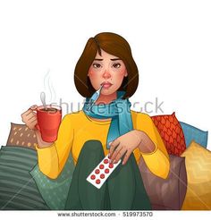 Sick Brunette Girl Cold Medications ThermometerHDShutterstockфотографий. Cold Woman, Tea Vector, Lady Cartoon, Emotions Preschool, Flower Photoshoot, Pop Art Illustration, Iphone Wallpaper Images