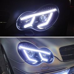 two pictures of the front lights of a car