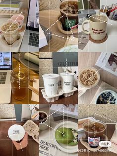 the collage shows coffee cups, books and laptops