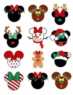 mickey and minnie mouse ears with christmas decorations on them, all decorated in different colors